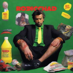 A realistic movie poster for a film titled "RodriCHAD", featuring a vagabond sleeping amidst street trash, with a football court in the background