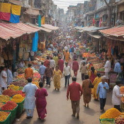 A lively, colorful street scene from a traditional Indian market