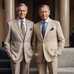 Portrait of a billionaire couple, stylishly dressed. Both are standing against a backdrop that reflects their sophisticated and luxurious lifestyle.