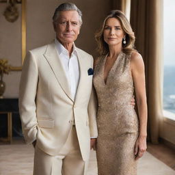 Portrait of a billionaire couple, stylishly dressed. Both are standing against a backdrop that reflects their sophisticated and luxurious lifestyle.