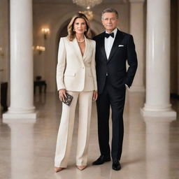 Portrait of a billionaire couple, stylishly dressed. Both are standing against a backdrop that reflects their sophisticated and luxurious lifestyle.