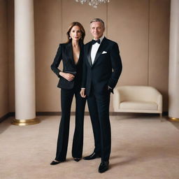 Portrait of a billionaire couple, stylishly dressed. Both are standing against a backdrop that reflects their sophisticated and luxurious lifestyle.