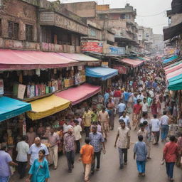 A vibrant, bustling Indian market with an ice cream shop and a clothing store side by side