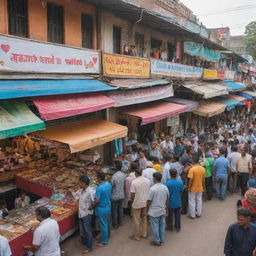 A vibrant, bustling Indian market with an ice cream shop and a clothing store side by side