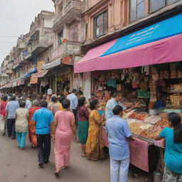 A vibrant, bustling Indian market with an ice cream shop and a clothing store side by side