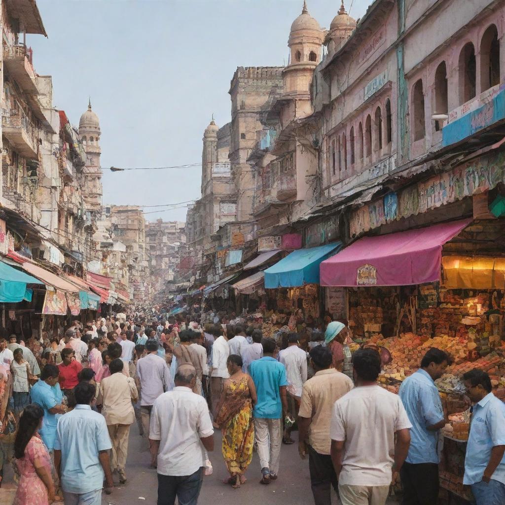 A vibrant, bustling Indian market with an ice cream shop and a clothing store side by side