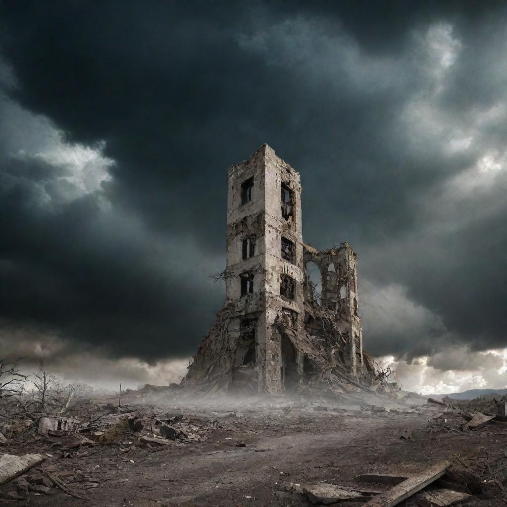 Conceptual image representing the 'end of times', depicting an apocalyptic scenario with dramatic skies, crumbling structures, and nature reclaiming its place.