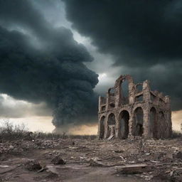 Conceptual image representing the 'end of times', depicting an apocalyptic scenario with dramatic skies, crumbling structures, and nature reclaiming its place.