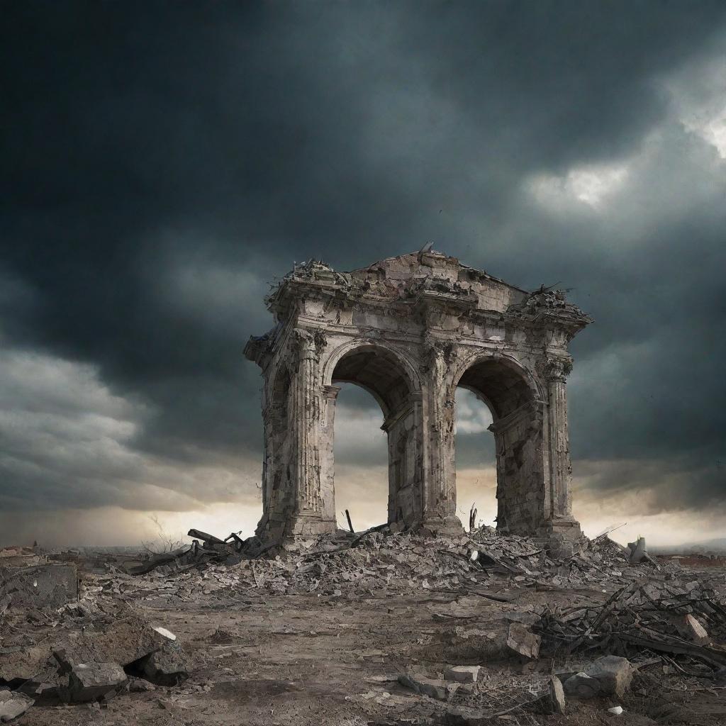 Conceptual image representing the 'end of times', depicting an apocalyptic scenario with dramatic skies, crumbling structures, and nature reclaiming its place.