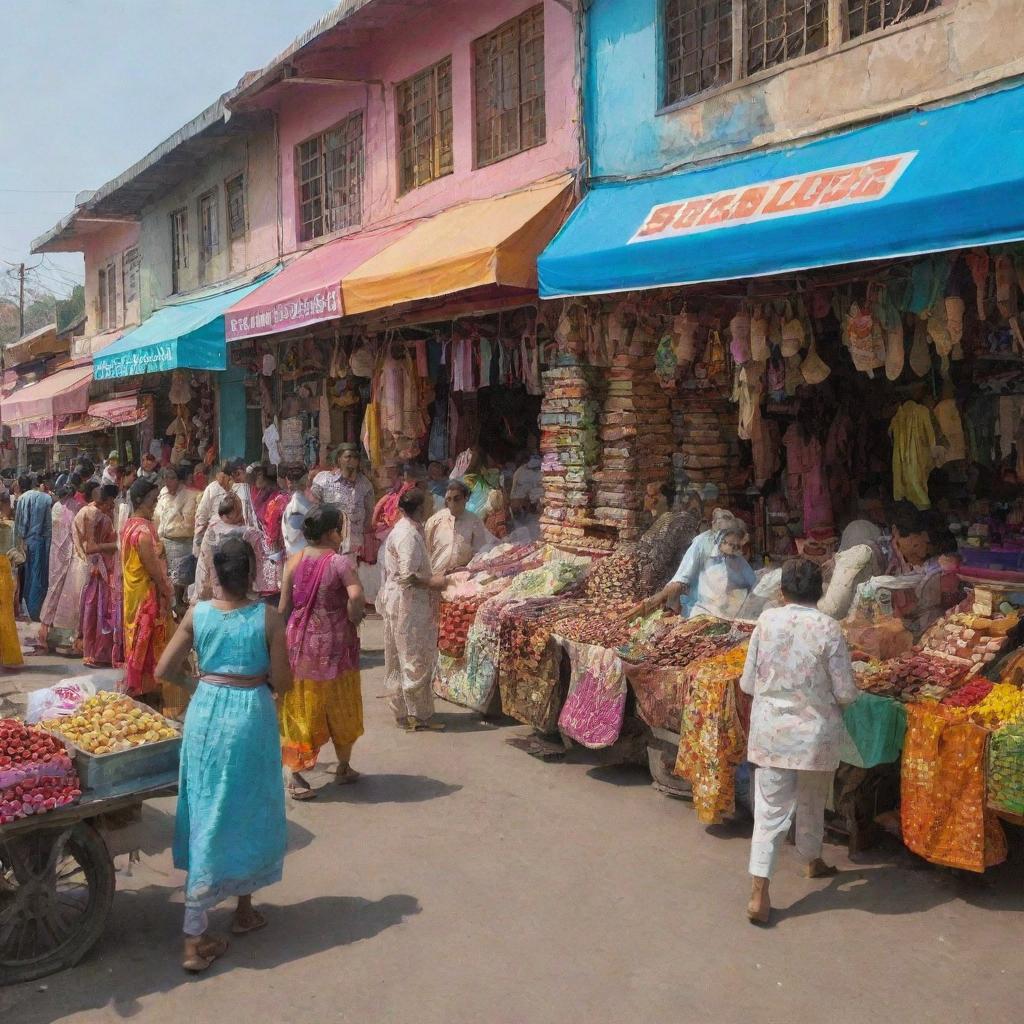 A lively and colorful scene of an Indian market, featuring an ice cream shop and clothing store