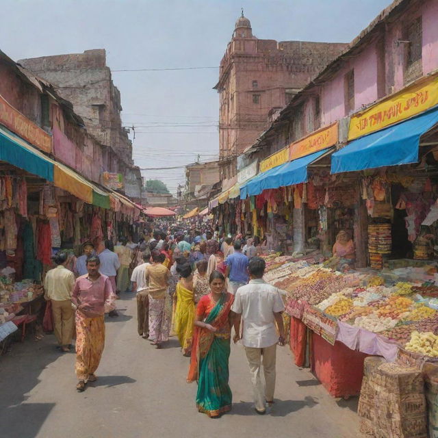 A lively and colorful scene of an Indian market, featuring an ice cream shop and clothing store