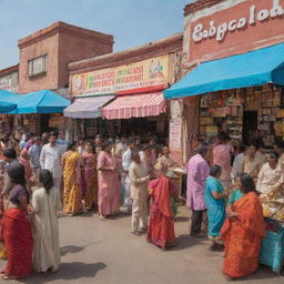 A lively and colorful scene of an Indian market, featuring an ice cream shop and clothing store