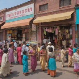 A lively and colorful scene of an Indian market, featuring an ice cream shop and clothing store