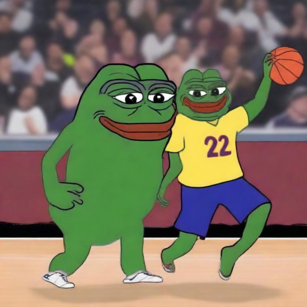 A digital art piece featuring basketball player LeBron James and Pepe the Frog