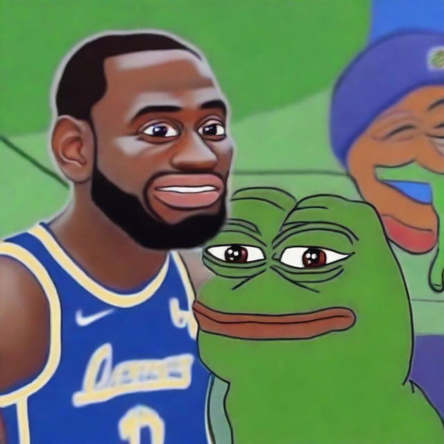 A digital art piece featuring basketball player LeBron James and Pepe the Frog