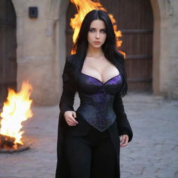 medieval beatifull,  bigb boobs, sexy full body, black hair girl with purple eyes with fire aura behind, 23 years old, she is a piro controler, black clothes, sexy, piromancer, in ocation place, charmOfTheRealm, 