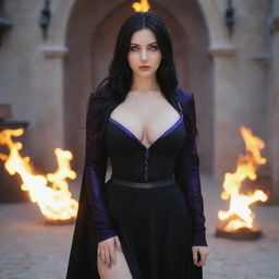 medieval beatifull,  bigb boobs, sexy full body, black hair girl with purple eyes with fire aura behind, 23 years old, she is a piro controler, black clothes, sexy, piromancer, in ocation place, charmOfTheRealm, 