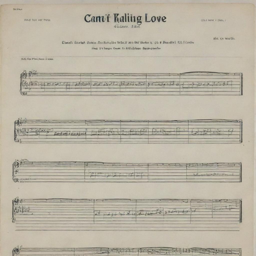 Sheet music for the song 'Can't Help Falling in Love' with notes highlighted and title beautifully inscribed at the top