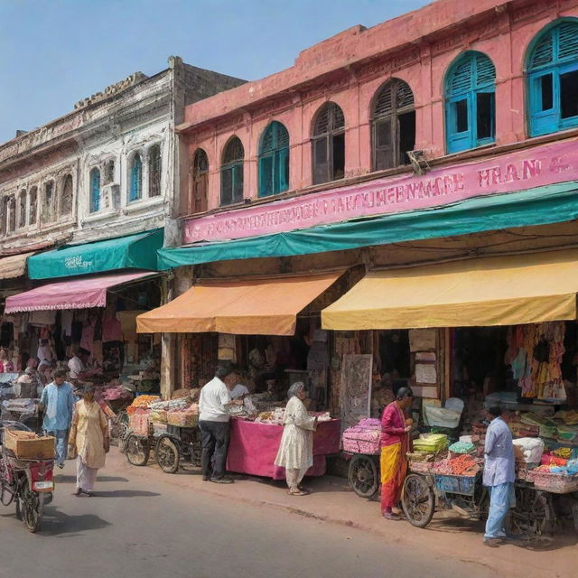 A vibrant Indian market scene complete with an ice cream shop and a cloth store