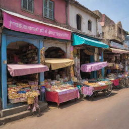 A vibrant Indian market scene complete with an ice cream shop and a cloth store