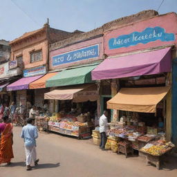 A vibrant Indian market scene complete with an ice cream shop and a cloth store