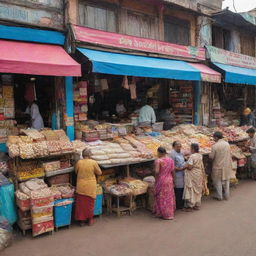 A vibrant Indian market scene complete with an ice cream shop and a cloth store