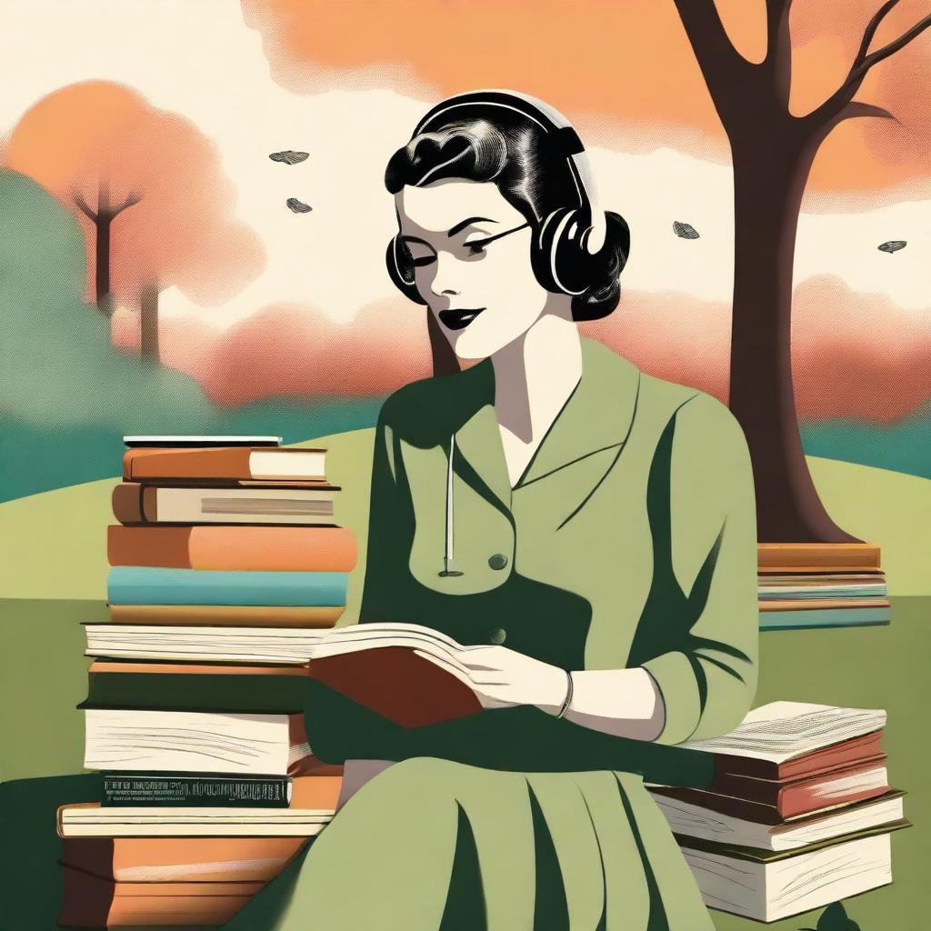 A high-resolution digital art piece showcasing a midcentury woman in a park