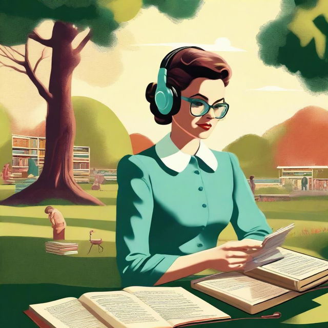 A high-resolution digital art piece showcasing a midcentury woman in a park