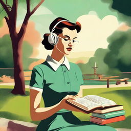 A high-resolution digital art piece showcasing a midcentury woman in a park