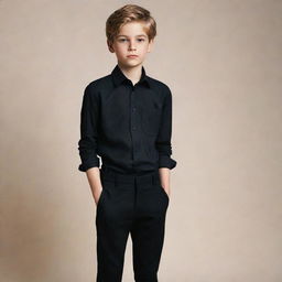 A young boy wearing a black shirt and black trousers elegantly draped over his slim figure