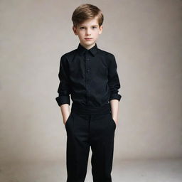 A young boy wearing a black shirt and black trousers elegantly draped over his slim figure