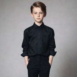 A young boy wearing a black shirt and black trousers elegantly draped over his slim figure