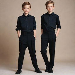 A young boy wearing a black shirt and black trousers elegantly draped over his slim figure