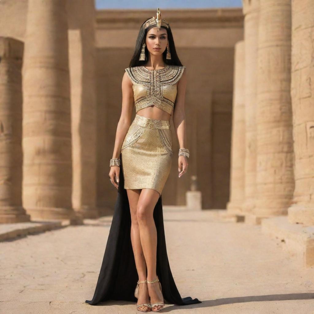 Design an elegant and luxurious, pharaoh-inspired fashion outfit, specifically tailored for petite women.