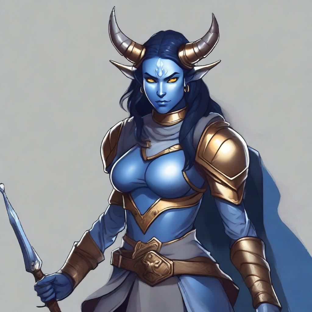 A digital art image of a Dungeons and Dragons character, a Tiefling with blue skin