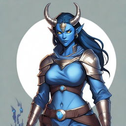 A digital art image of a Dungeons and Dragons character, a Tiefling with blue skin