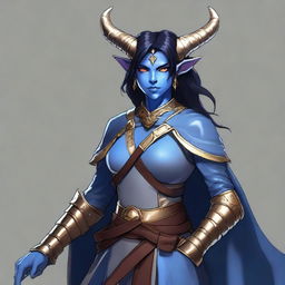 A digital art image of a Dungeons and Dragons character, a Tiefling with blue skin