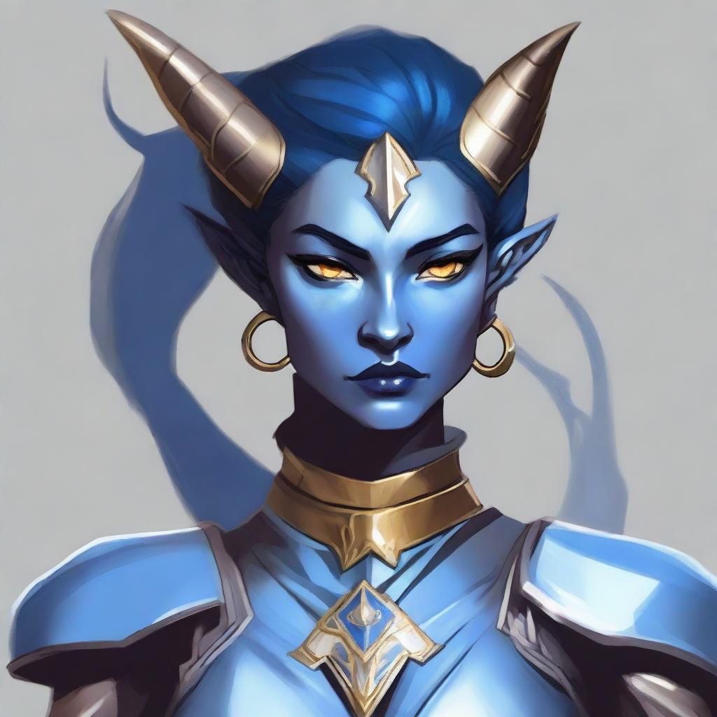 A digital art image of a Dungeons and Dragons character, a Tiefling with blue skin