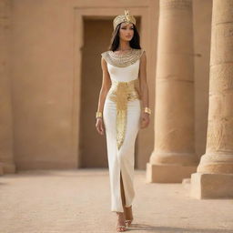 Design an elegant and luxurious, pharaoh-inspired fashion outfit, specifically tailored for petite women.