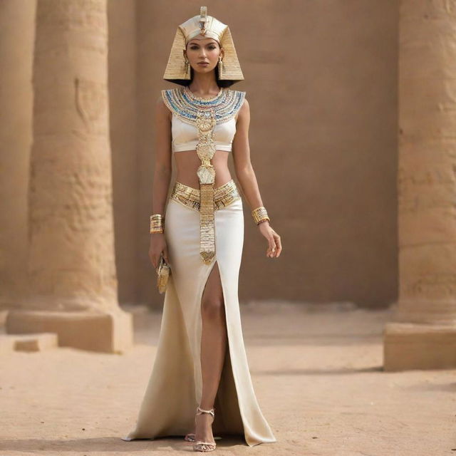 Design an elegant and luxurious, pharaoh-inspired fashion outfit, specifically tailored for petite women.