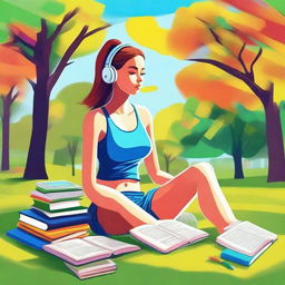 A high-quality digital art piece depicting a young woman in sporty attire, seated in a park