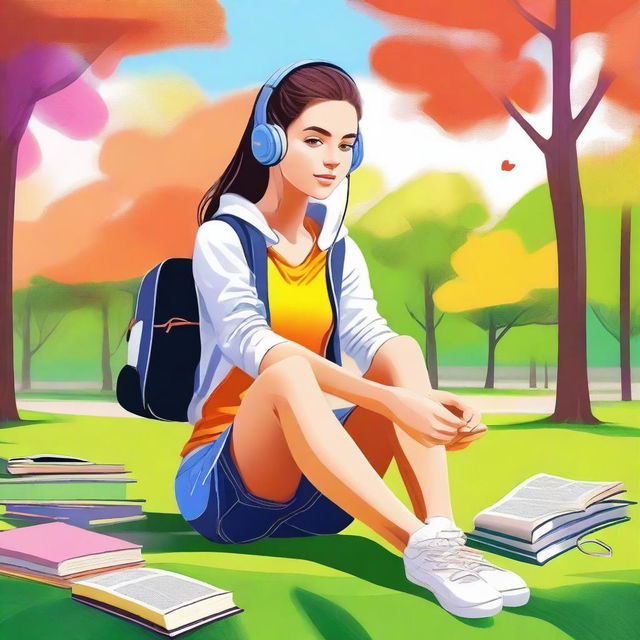 A high-quality digital art piece depicting a young woman in sporty attire, seated in a park