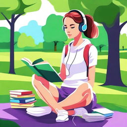 A high-quality digital art piece depicting a young woman in sporty attire, seated in a park