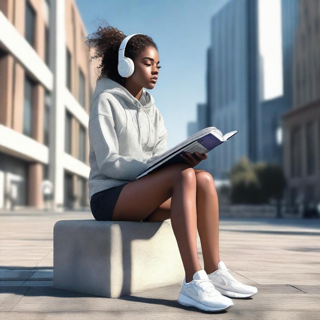 A top-tier digital art image featuring a young woman in sportswear sitting on a square bench