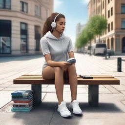 A top-tier digital art image featuring a young woman in sportswear sitting on a square bench