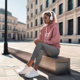 A top-tier digital art image featuring a young woman in sportswear sitting on a square bench