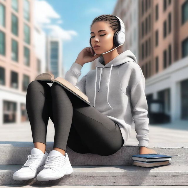 A top-tier digital art image featuring a young woman in sportswear sitting on a square bench