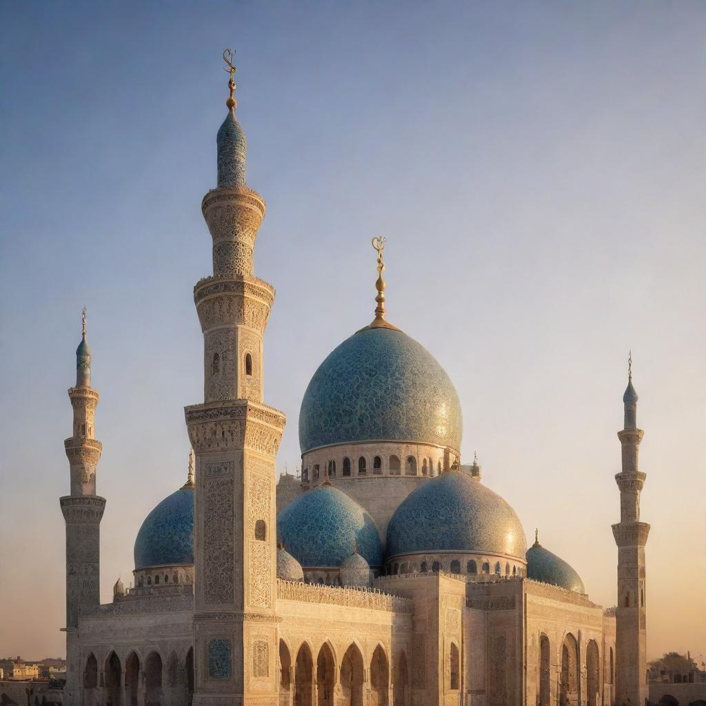 Islamic architecture with minarets, domes, and traditional Arabic geometric patterns during a sunset