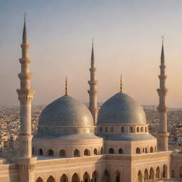 Islamic architecture with minarets, domes, and traditional Arabic geometric patterns during a sunset