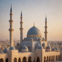 Islamic architecture with minarets, domes, and traditional Arabic geometric patterns during a sunset